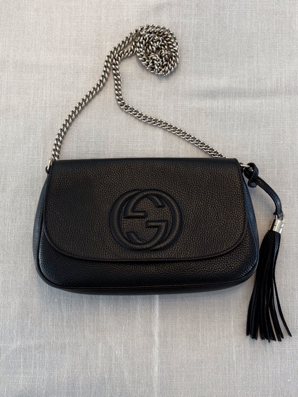 Gucci Soho Flap Black Pebbled Calfskin Leather Crossbody Bag Medium